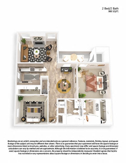 Floor plan for 2 beds, 2 baths, 980 sqft
